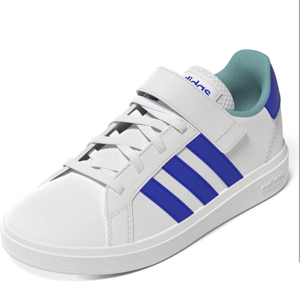 adidas Kids White Sneakers with Blue Stripes and Teal Lining